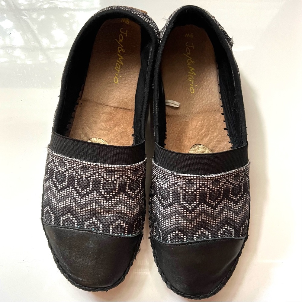 Joy & Mario Women Black White Leathery Canvas Espadrilles Flats, 9 W.